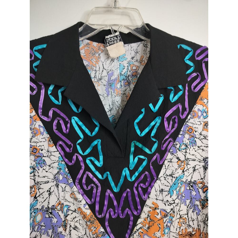 5191)Vtg 80s Teddi Sport Abstract Geoprint Chevron Dolman sleeve Oversize Top M? - Picture 4 of 8